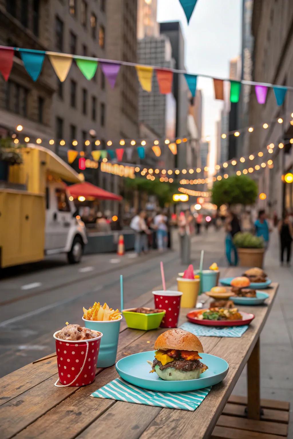 A dining arrangement inspired by food trucks, showcasing street food dishes and playful ornaments.
