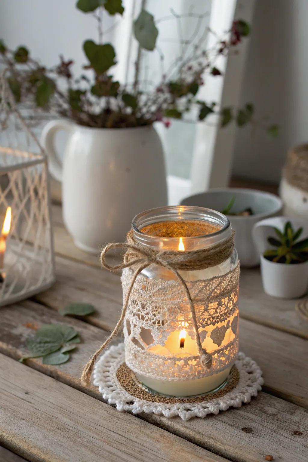 Illuminate your space with handcrafted elegance: Upcycled Jar Lanterns for a cozy, ambient glow.