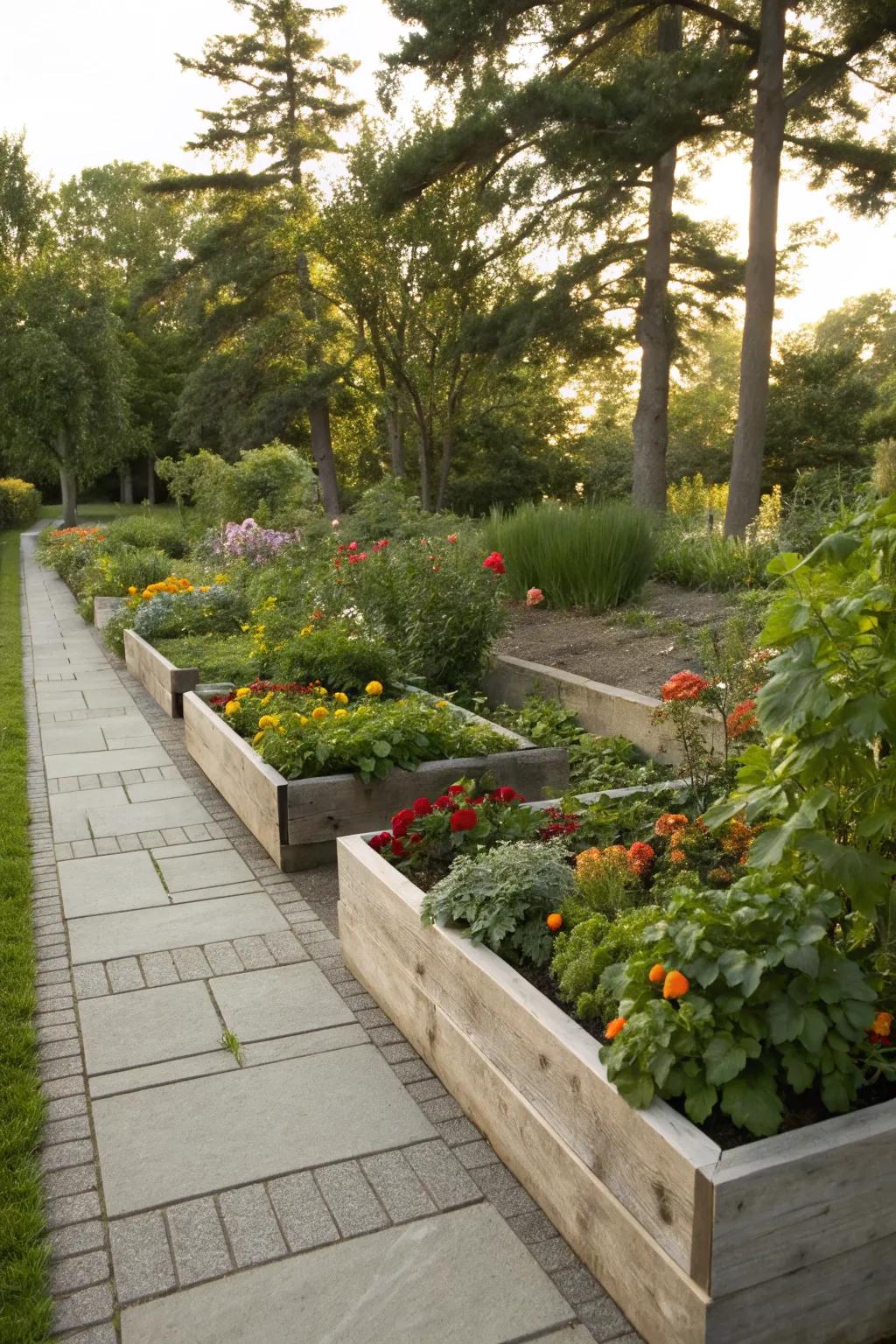 Planters and beds defining the edges of a property.