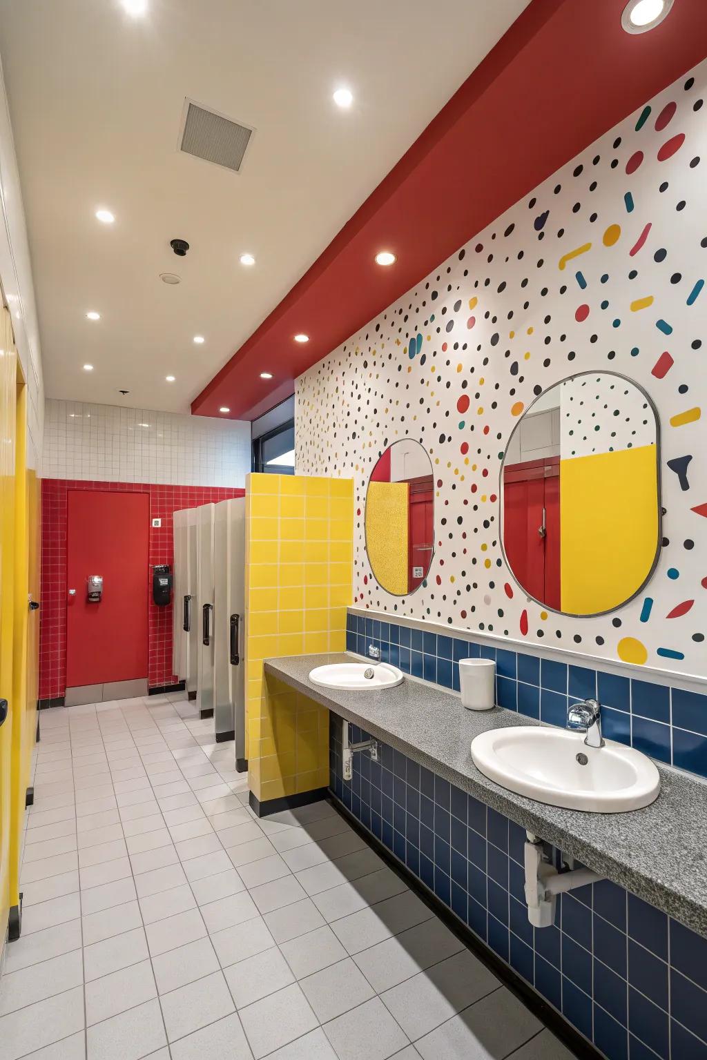 Vibrant chromatic arrangements add personality to shared restroom designs.