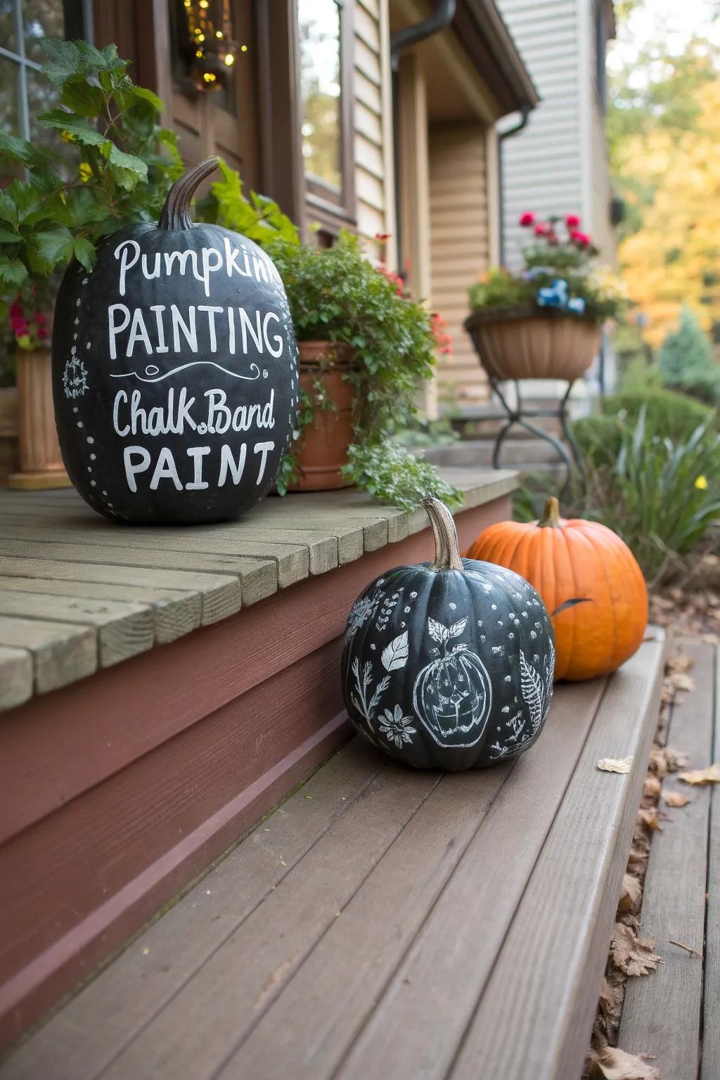 Board pumpkins showing seasonal messages.