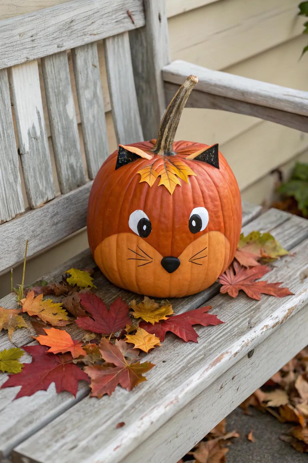 A charming woodland creature pumpkin enhancing nature-themed decor.