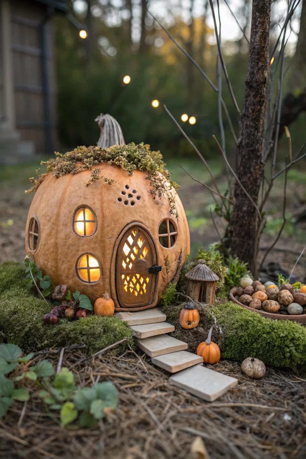Embrace the enchantment of autumn with an alluring pumpkin fairy edifice, where simplicity converges with bewitchment within a miniature enclave milieu.