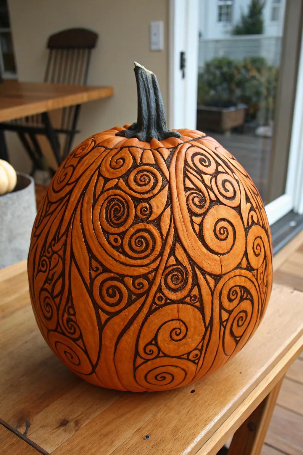 A mesmerizing pumpkin that captivates with its intricate pattern.