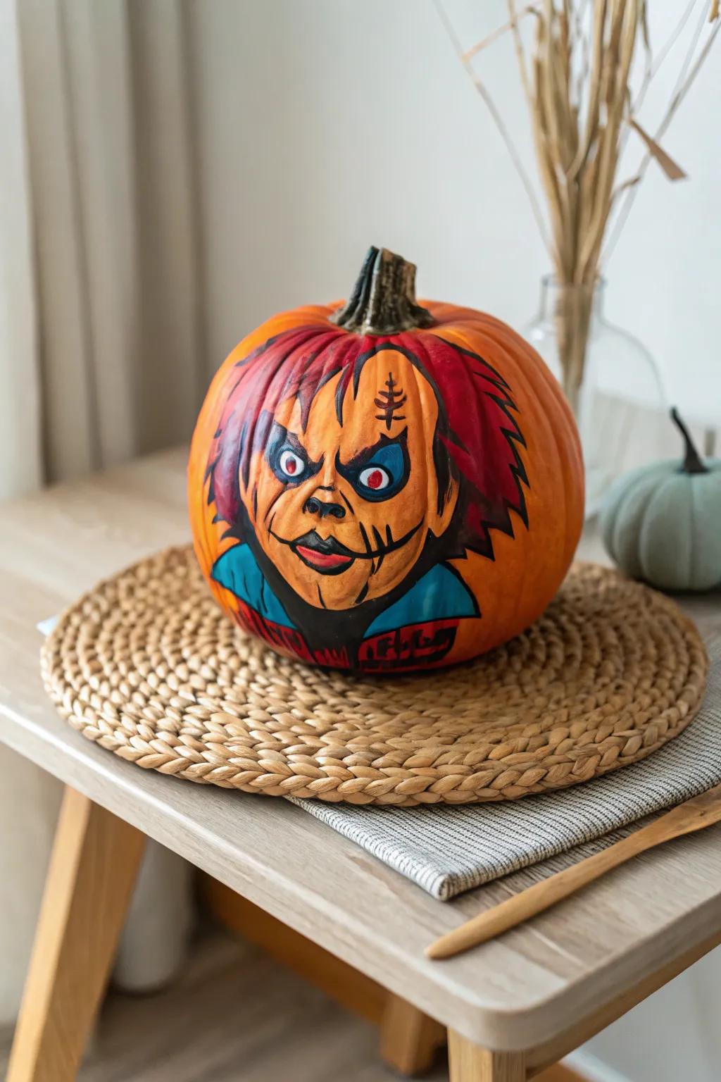 Elevate your Halloween decor with a stunning Chucky-inspired painted pumpkin, where minimalist meets boho flair!