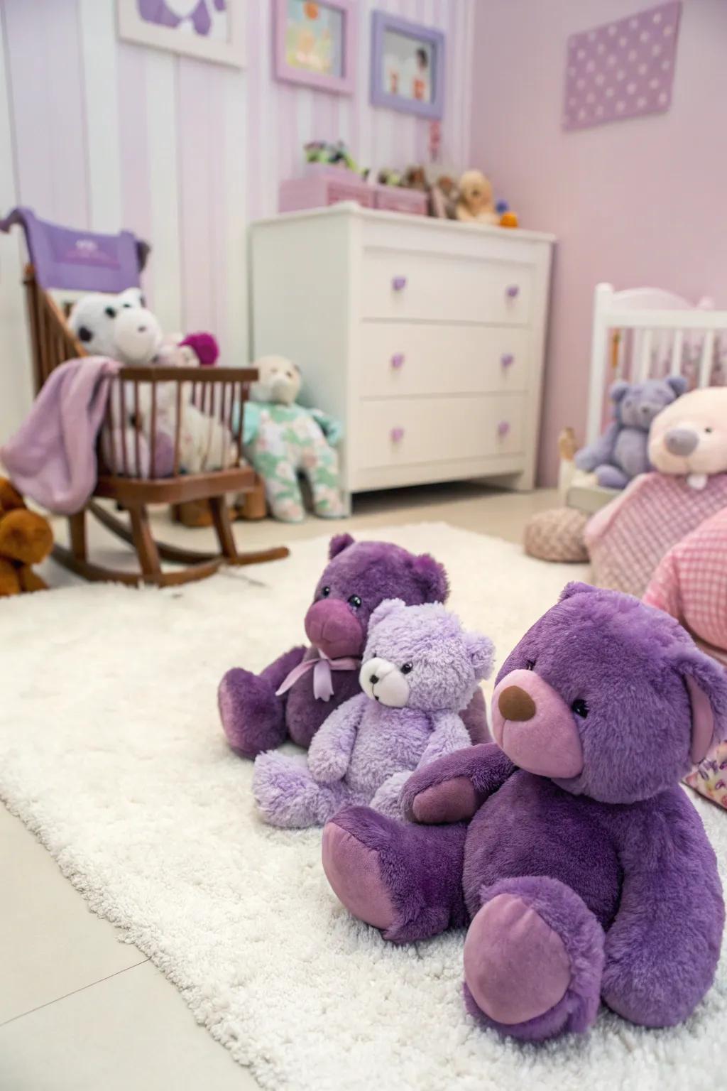 Purple plush toys add a touch of cuddliness.