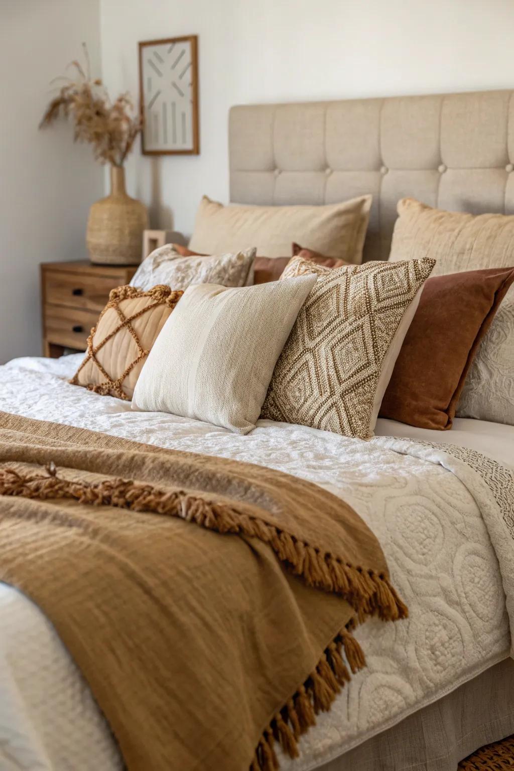 Natural textures and earthy tones bring rustic charm to pillow arrangements.