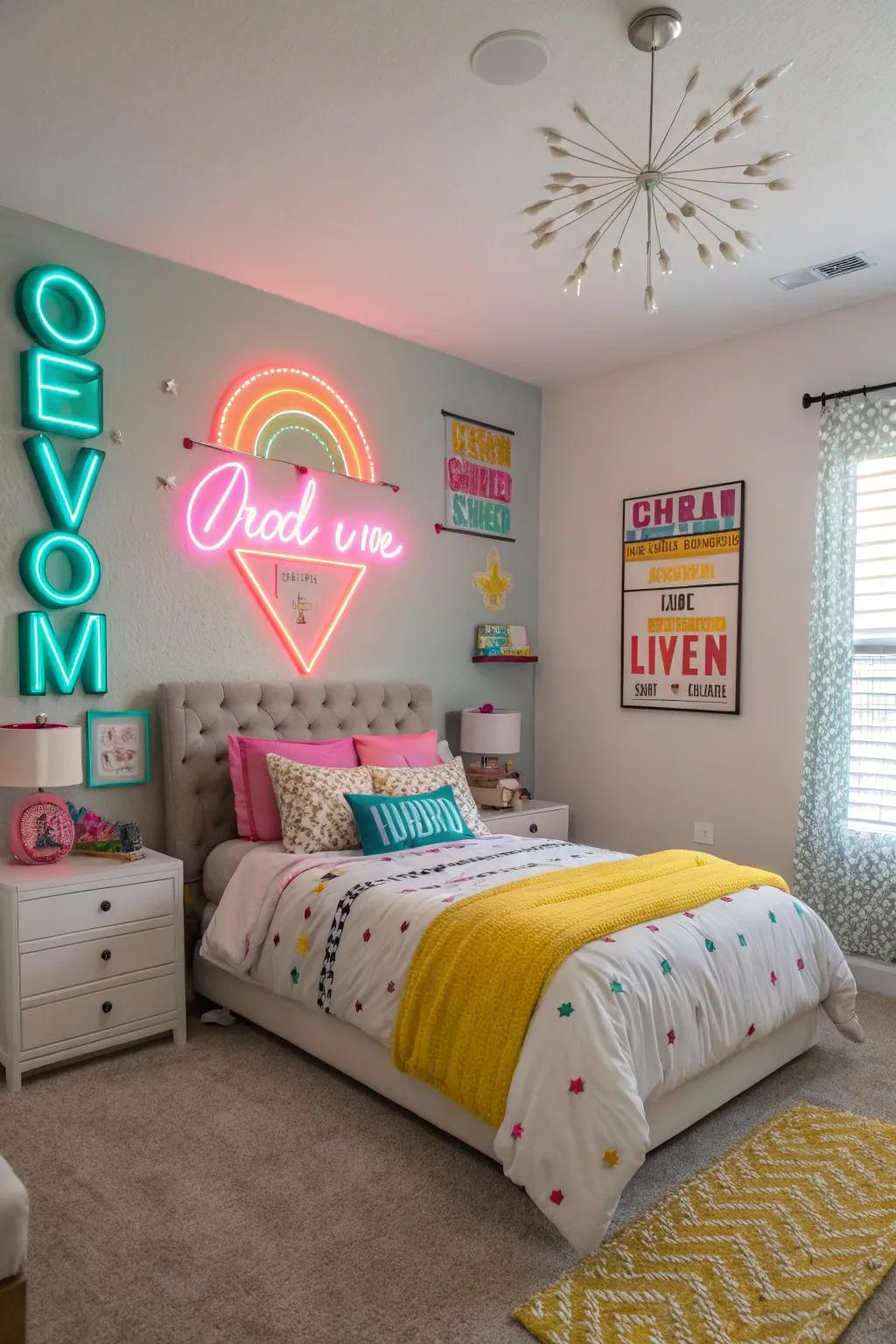 Neon highlights adding an energetic and playful touch to the bedroom.