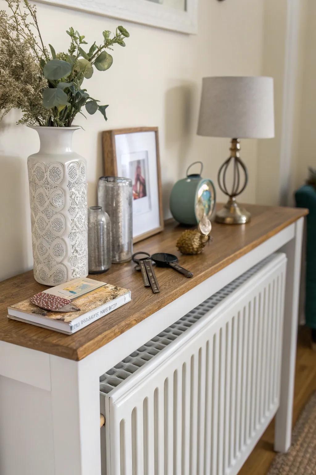 A radiator shelf can adapt into an effortlessly stylish and functional console exhibit.