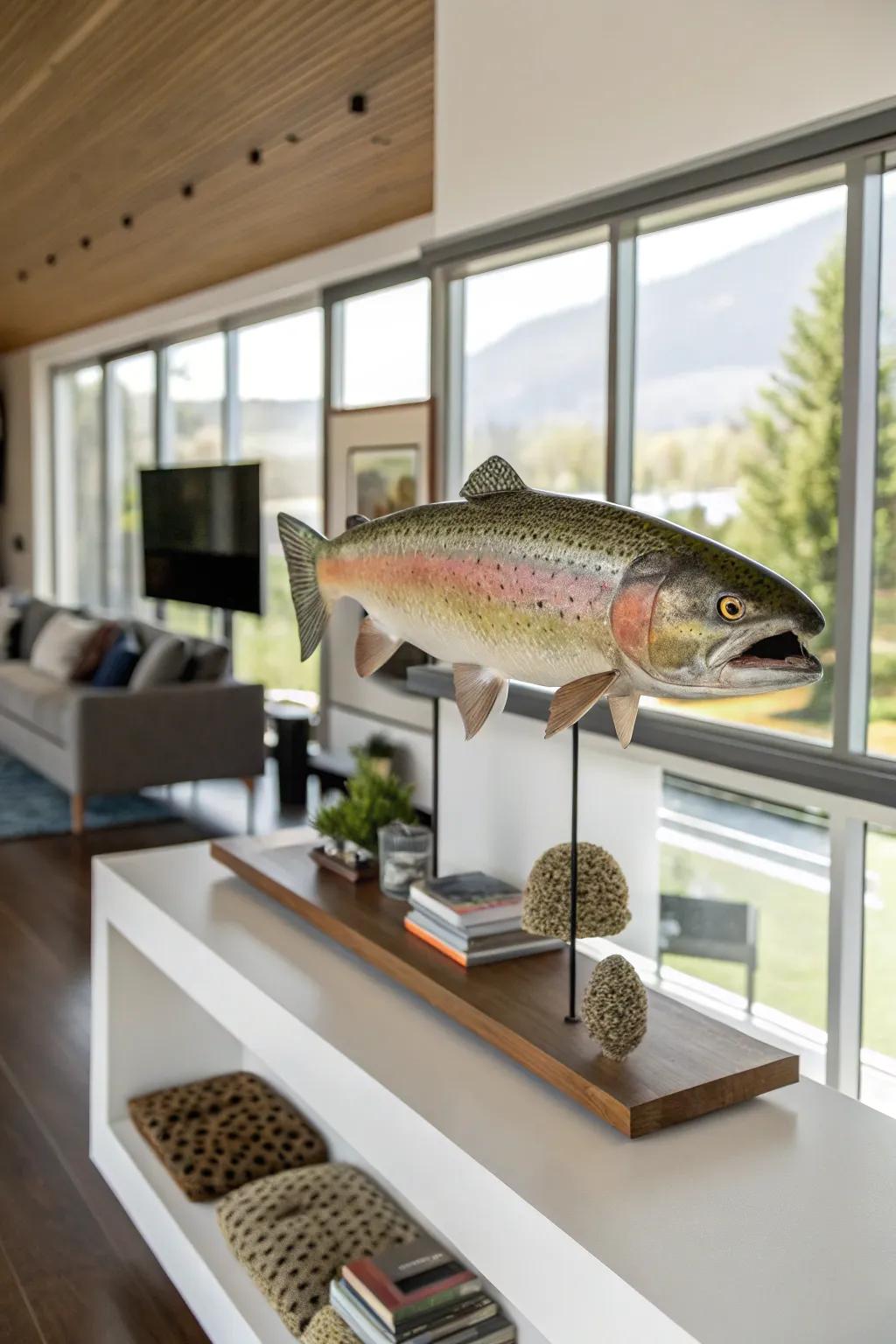 A suspended ledge provides a modern and adaptable method to display a rainbow trout.
