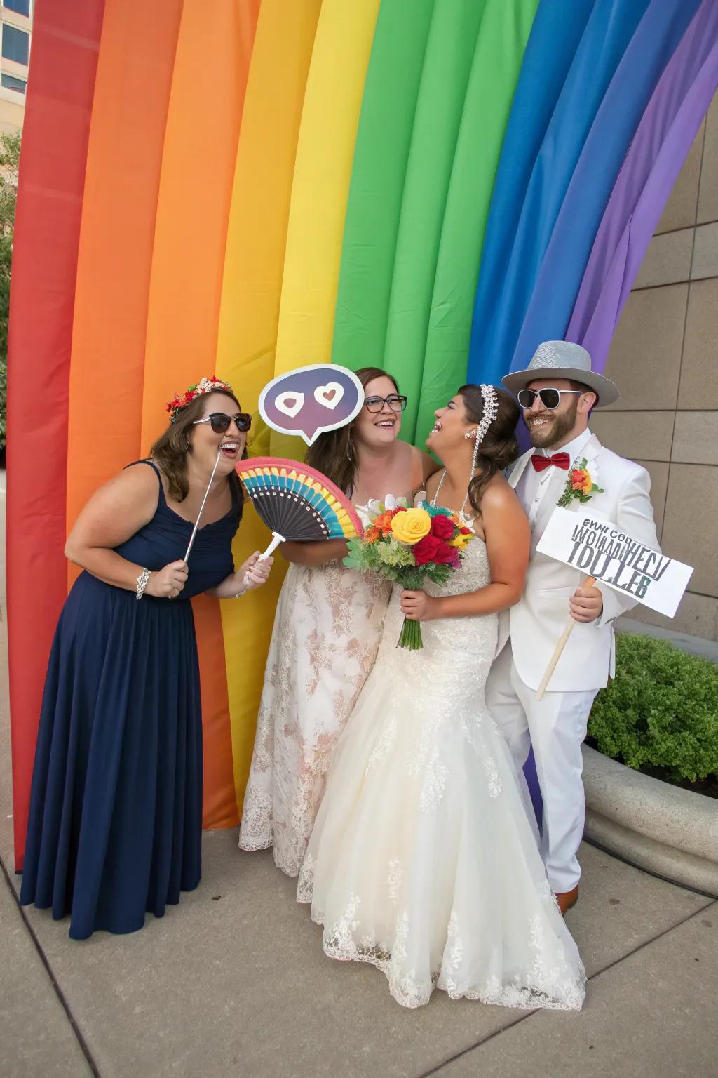 Wedding guests immerse themselves in a rainbow-themed photo booth, capturing fun memories.