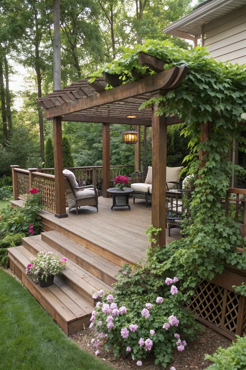 Incorporate a pergola to your deck for comfort and design.