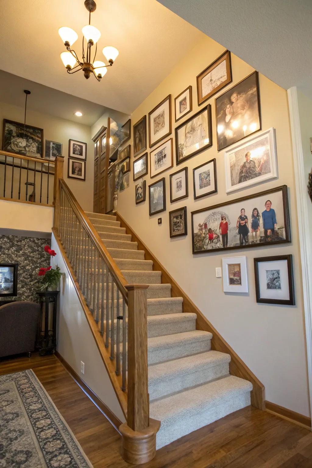 A gallery wall adds a personal and artistic touch to the staircase in the entrance area.