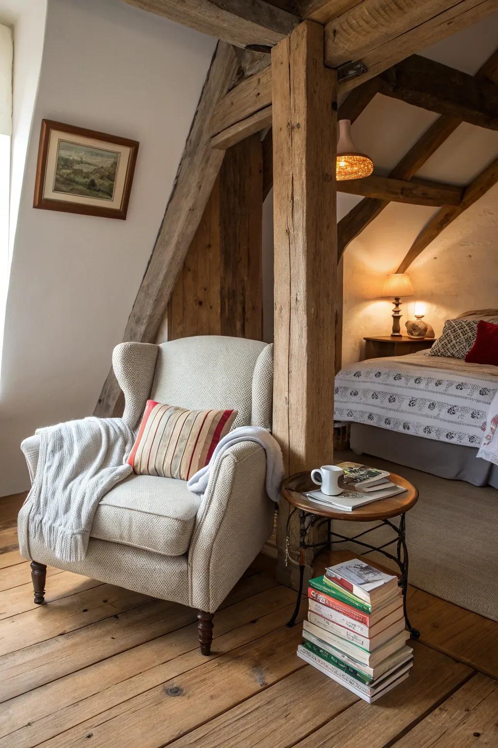 A snug reading spot in a countryside bedroom, complete with a comfortable chair.