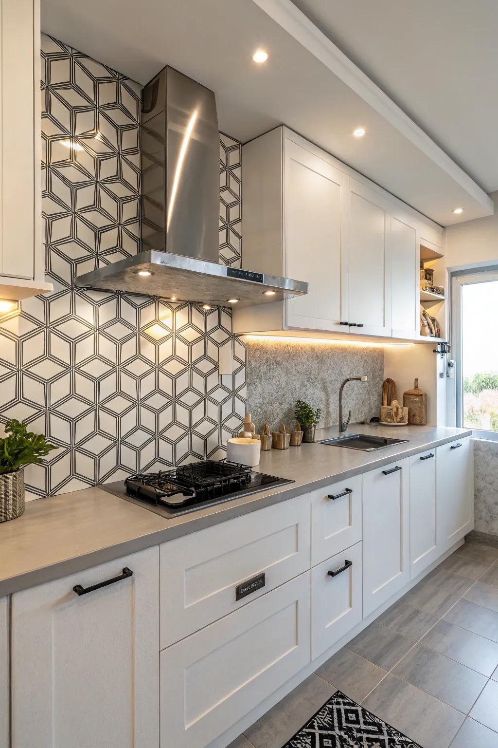 A modern kitchen featuring a geometric tile splash guard and a streamlined vent hood for visual impact.