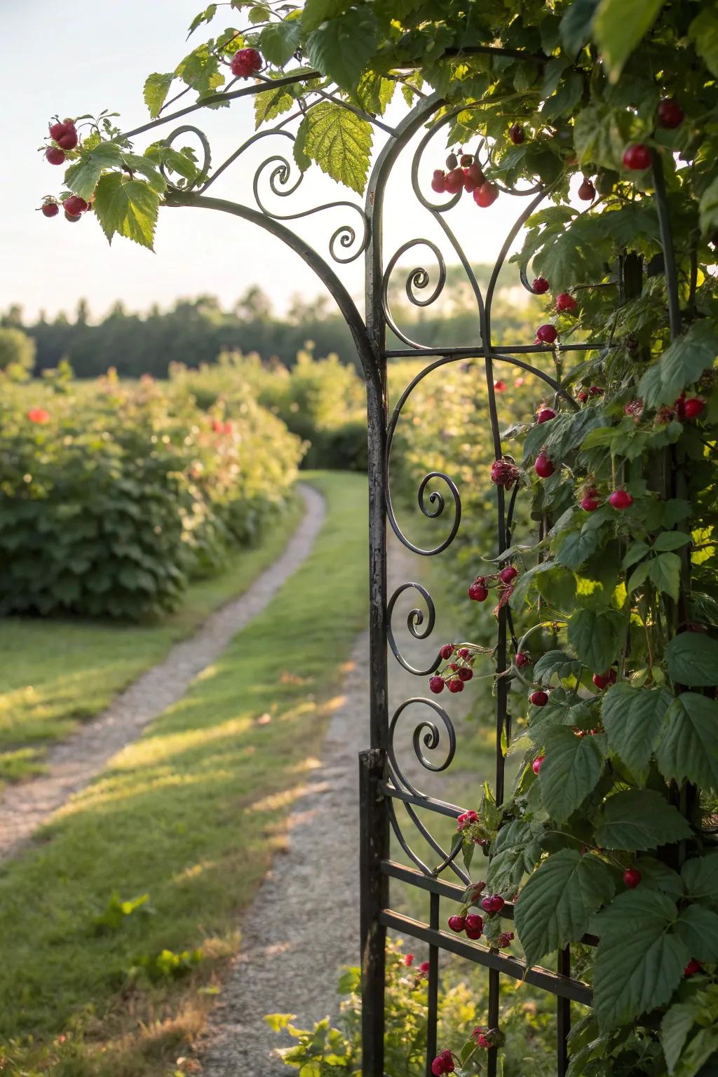 An iron trellis with decorative elements enhances garden aesthetics.