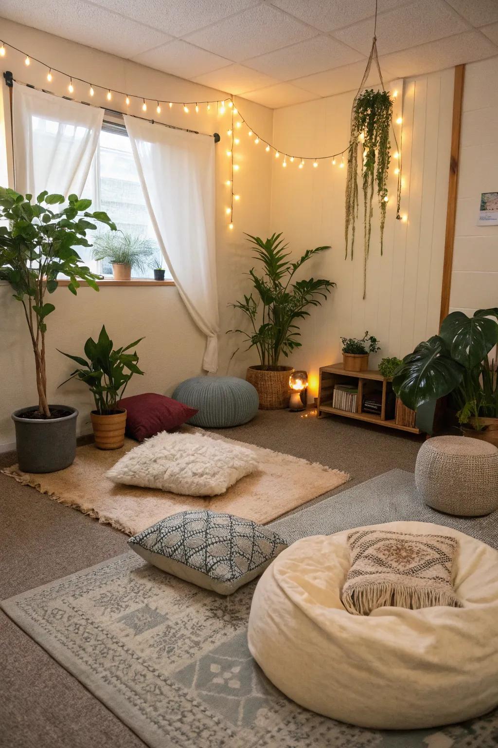 A reflection corner offers a serene escape within your rec room.