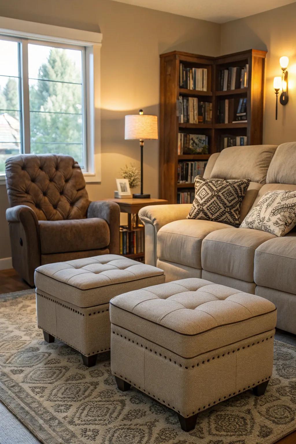 A cozy living area with ottomans enhancing the reclining sofa&rsquo;s charm.