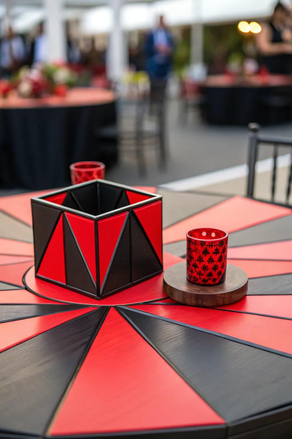 Geometric shapes in obsidian and scarlet inject a modern twist into the centerpiece.