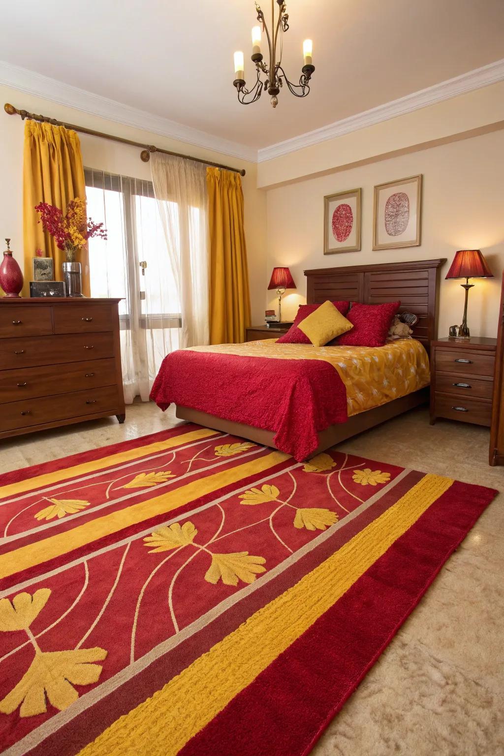A red and yellow rug unites the room’s color scheme beautifully.