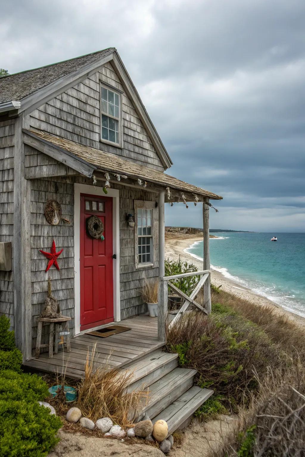 Coastal residence featuring a crimson door, embodying seaside charm.