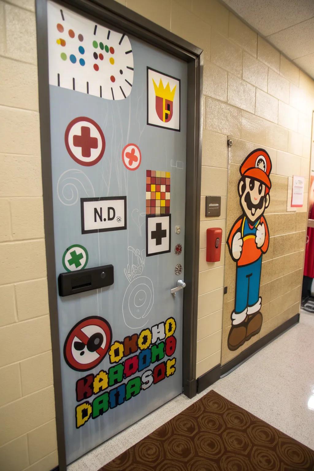 Increase the creativity of your door decorations with an interactive video game theme.