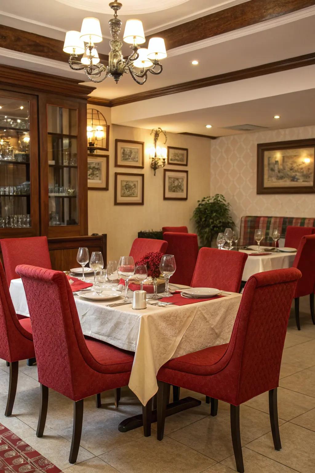 A dining room where crimson-themed décor sets the stage for lively gatherings.