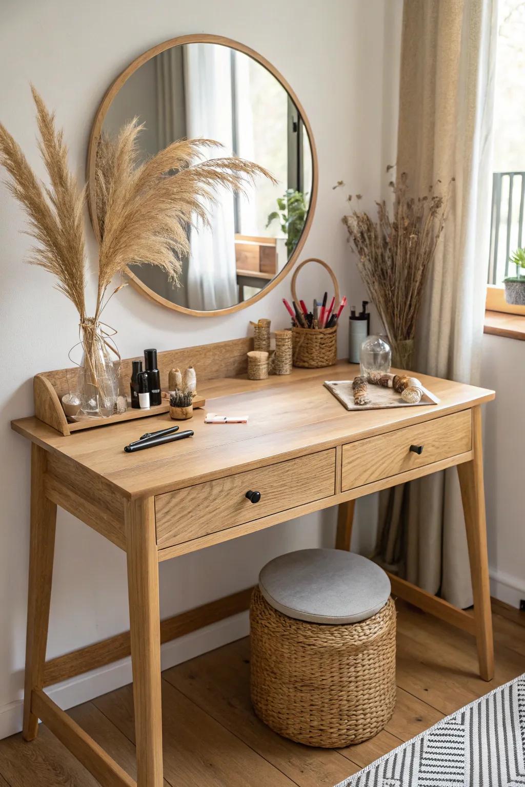 Transforming simplicity into elegance: Discover the beauty of a repurposed desk turned vanity.