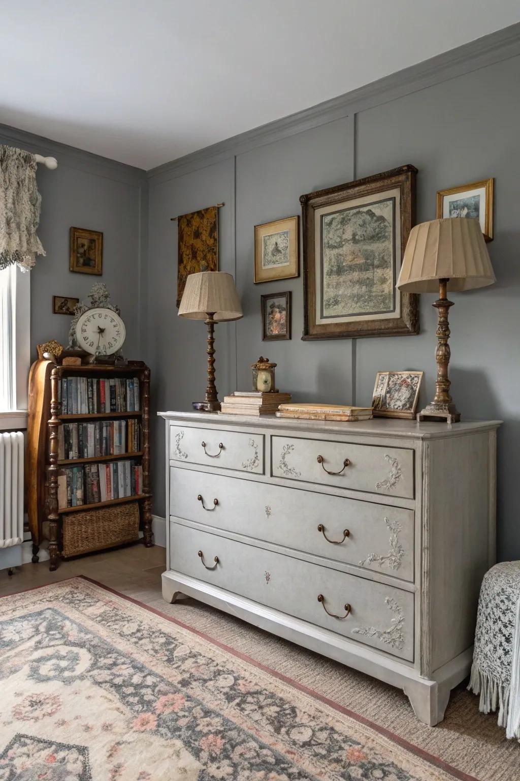Heritage items provide charm and uniqueness to a serenity shade bedroom.