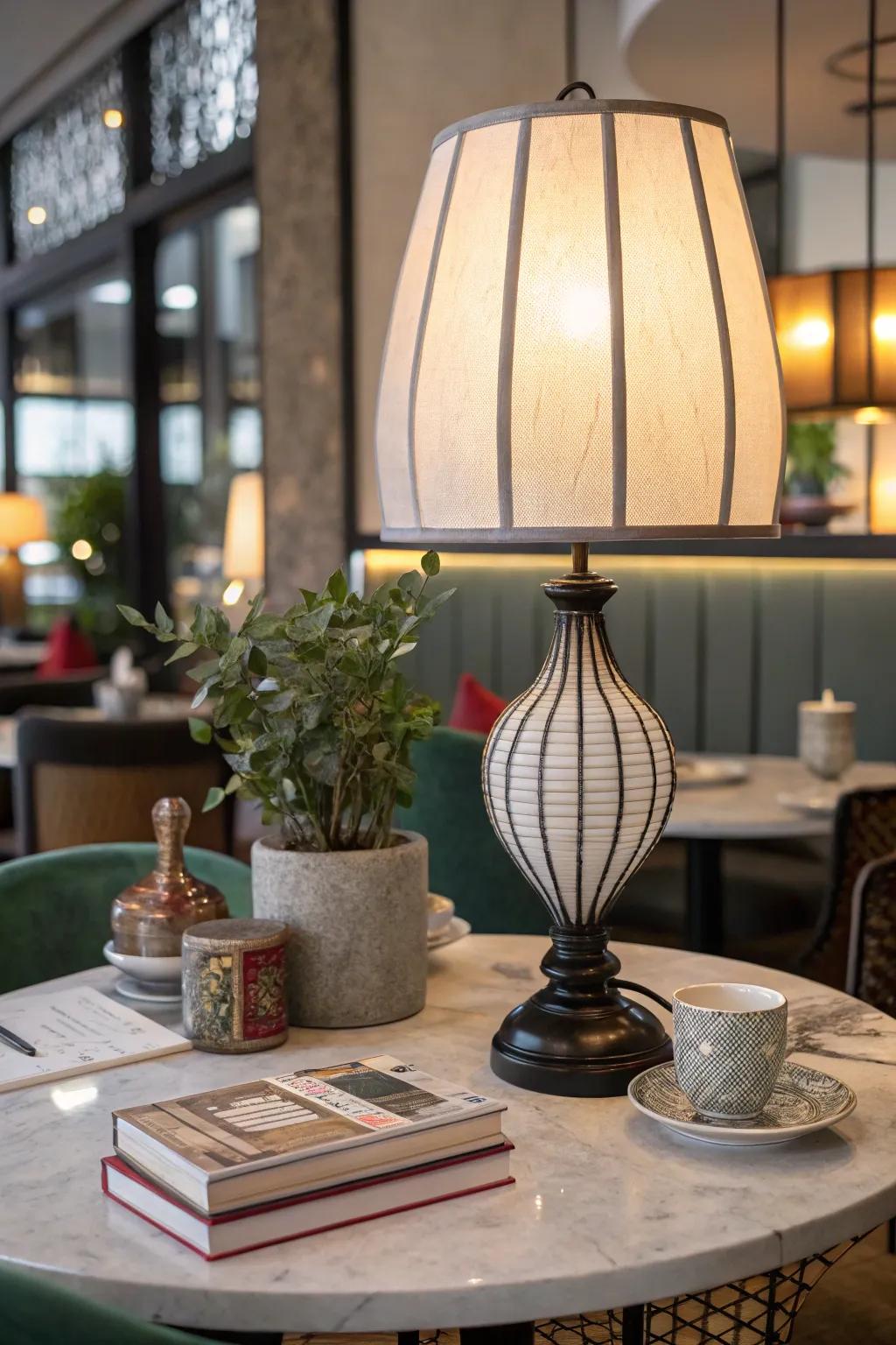 A modern twist lantern-style table lamp sits on a restaurant table with eclectic decor.