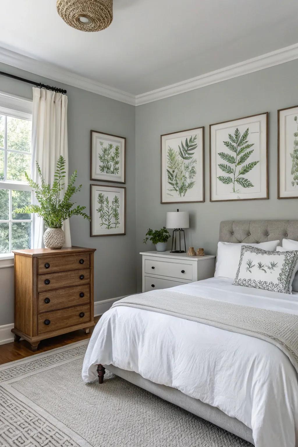 Botanical prints add a fresh, natural vibe to a Gentle Gray bedroom.