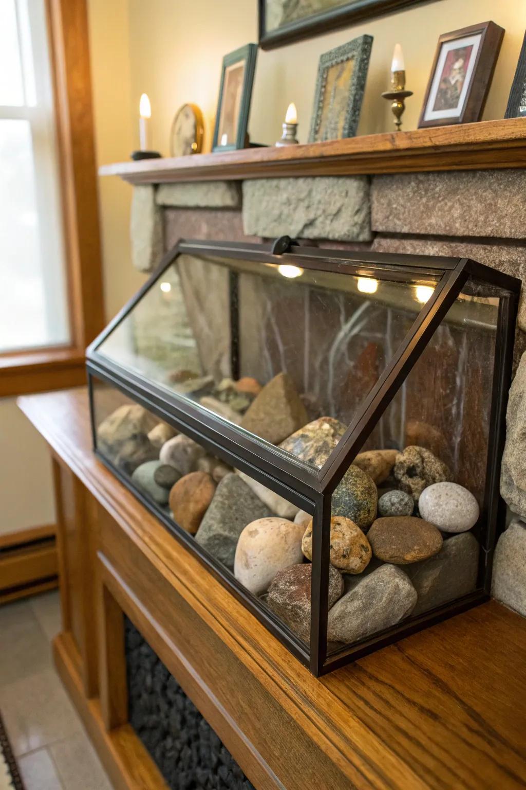 A display box showcasing and protecting stones