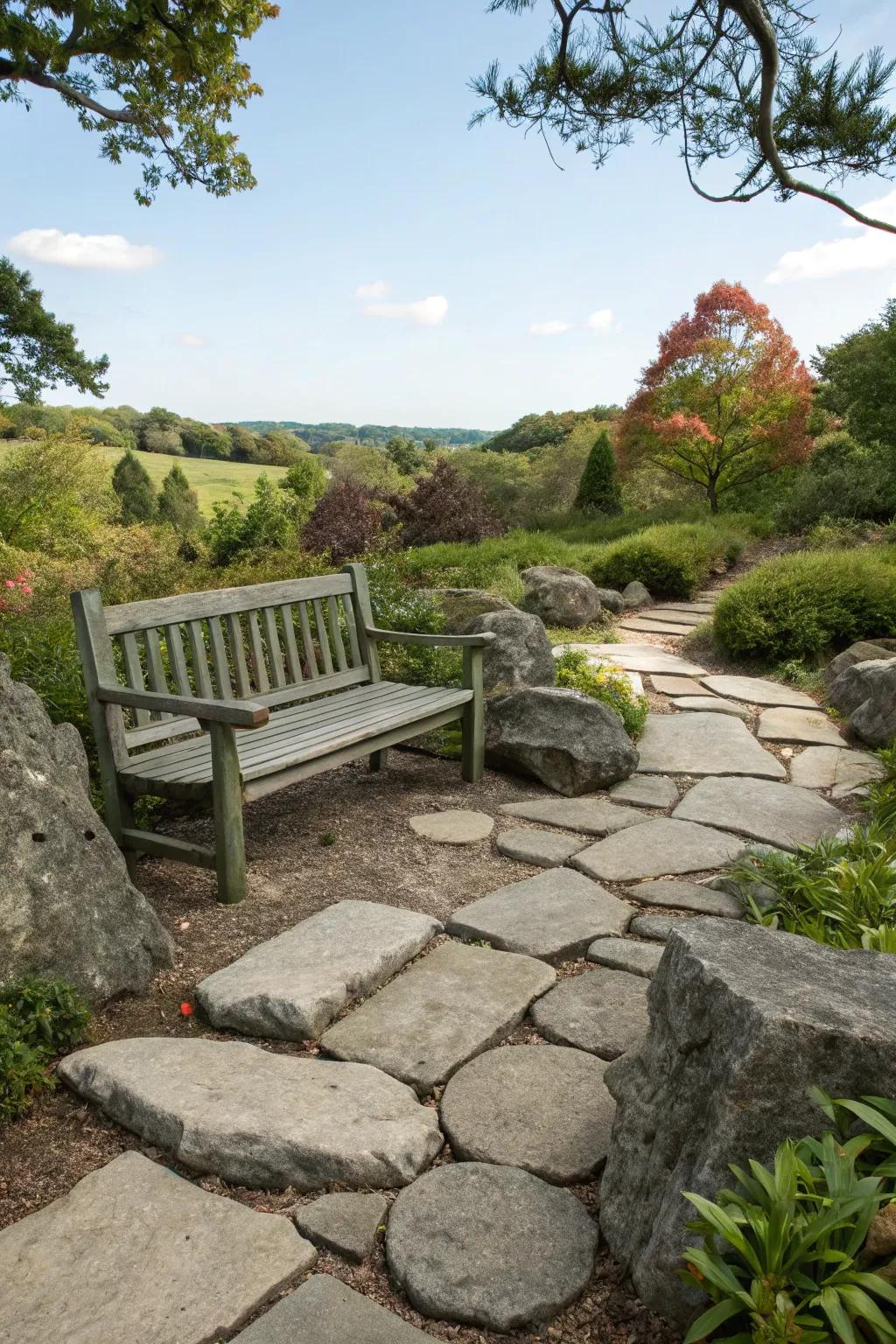 A seating area placed within a rock garden for those who seek tranquility.