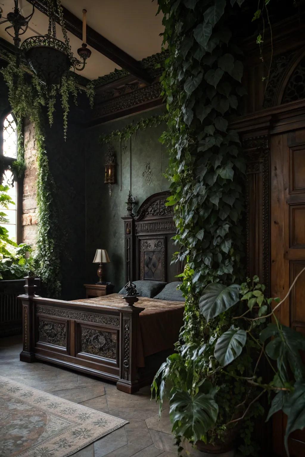 Shadowy foliage plants introduce a refreshing gothic twist to the d&eacute;cor.