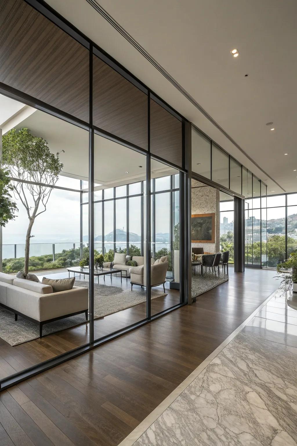 Partial glass walls offer separation while allowing light to flow through.