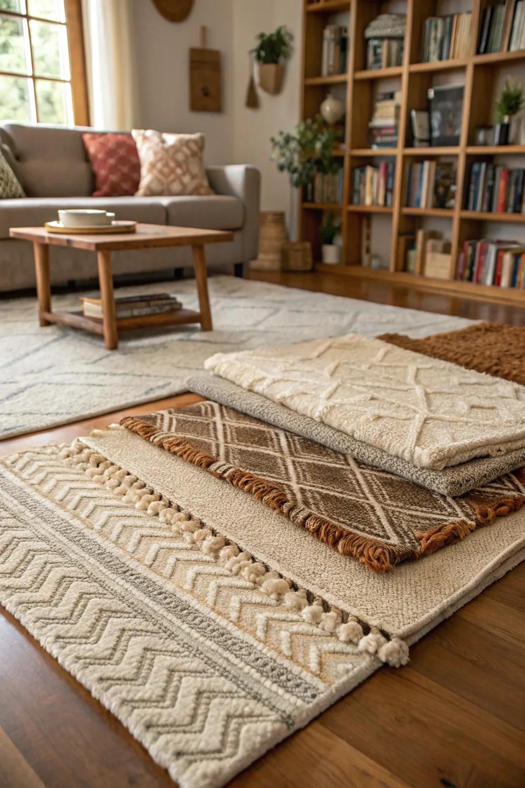 Layered rugs append profundity and warmth to the floor.