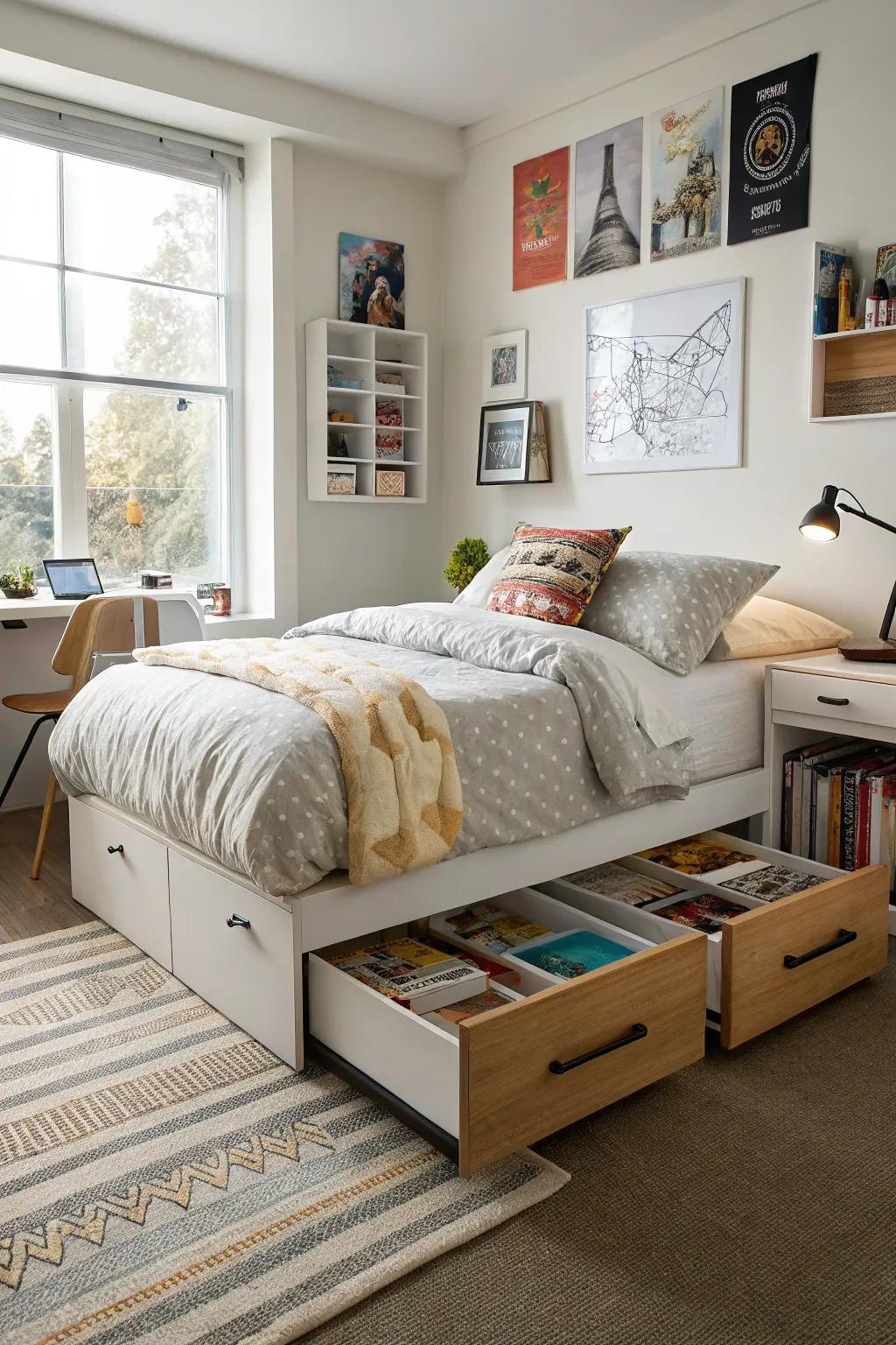 Smart storage options maintain the room organized and clutter-free.