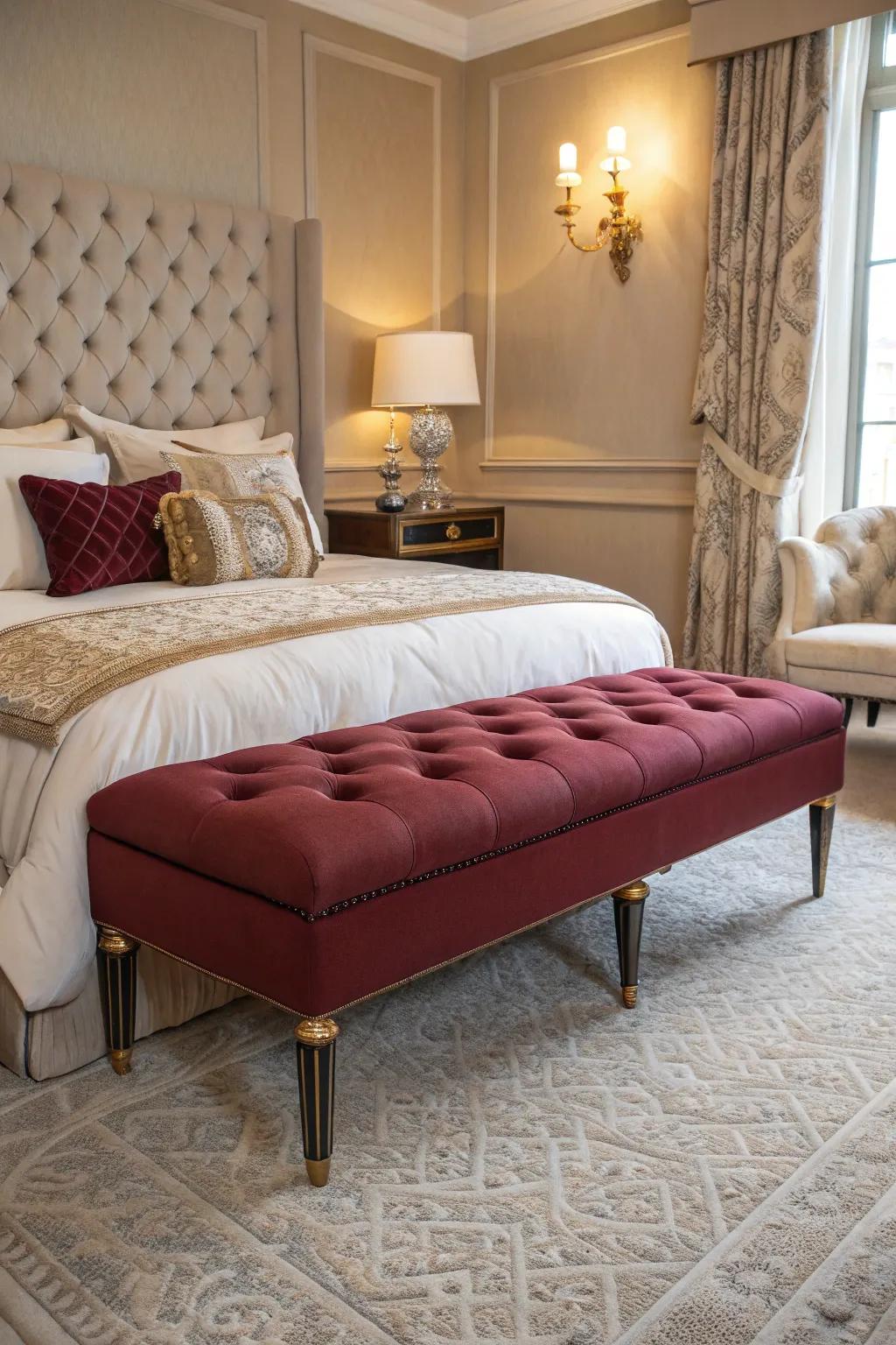 A burgundy upholstered bench adds seating and elegance to the bedroom.