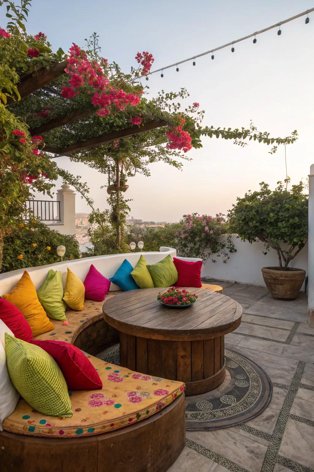 Contrasting colors bring vibrancy to this circular patio.