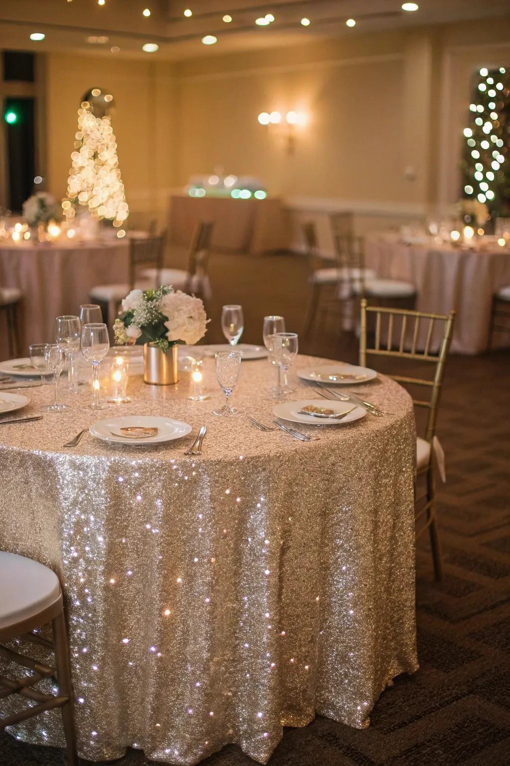 Table covering adorned with sequins adding sparkle to a festive wedding.