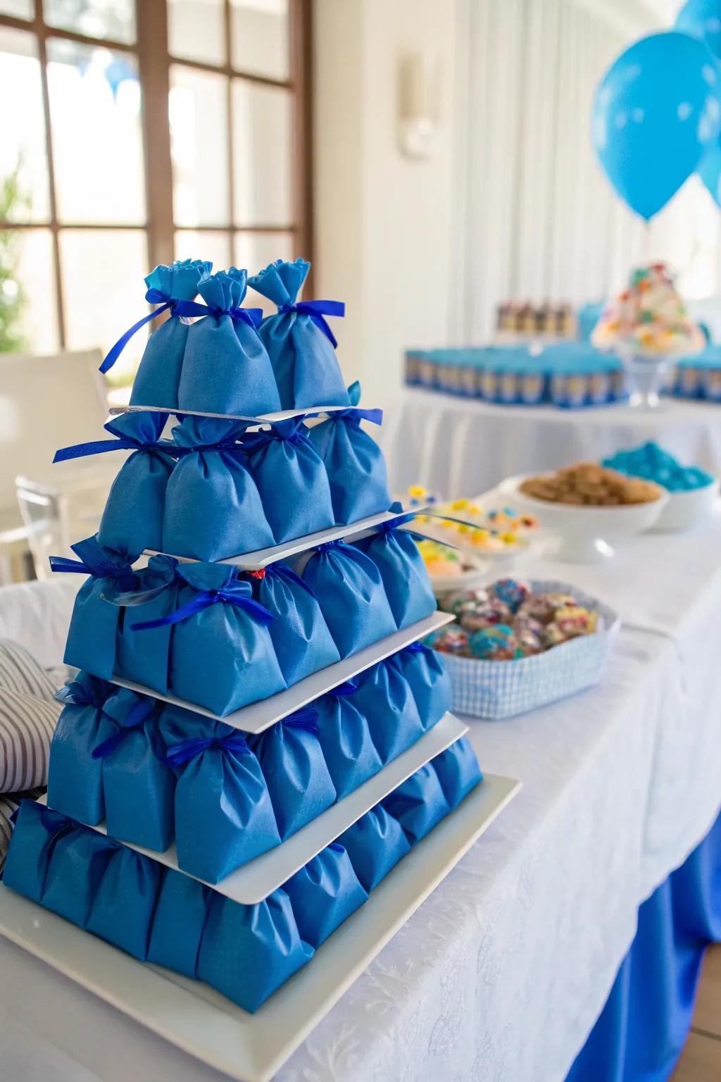 Themed sweet pouches that complement the arrangement's azure motif.