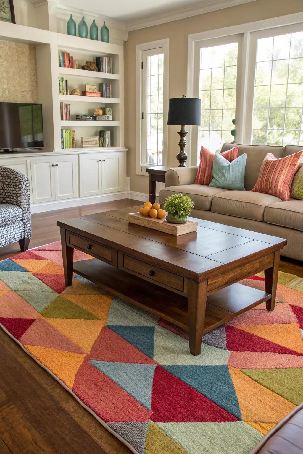 A well-placed rug emphasizes key furniture features.