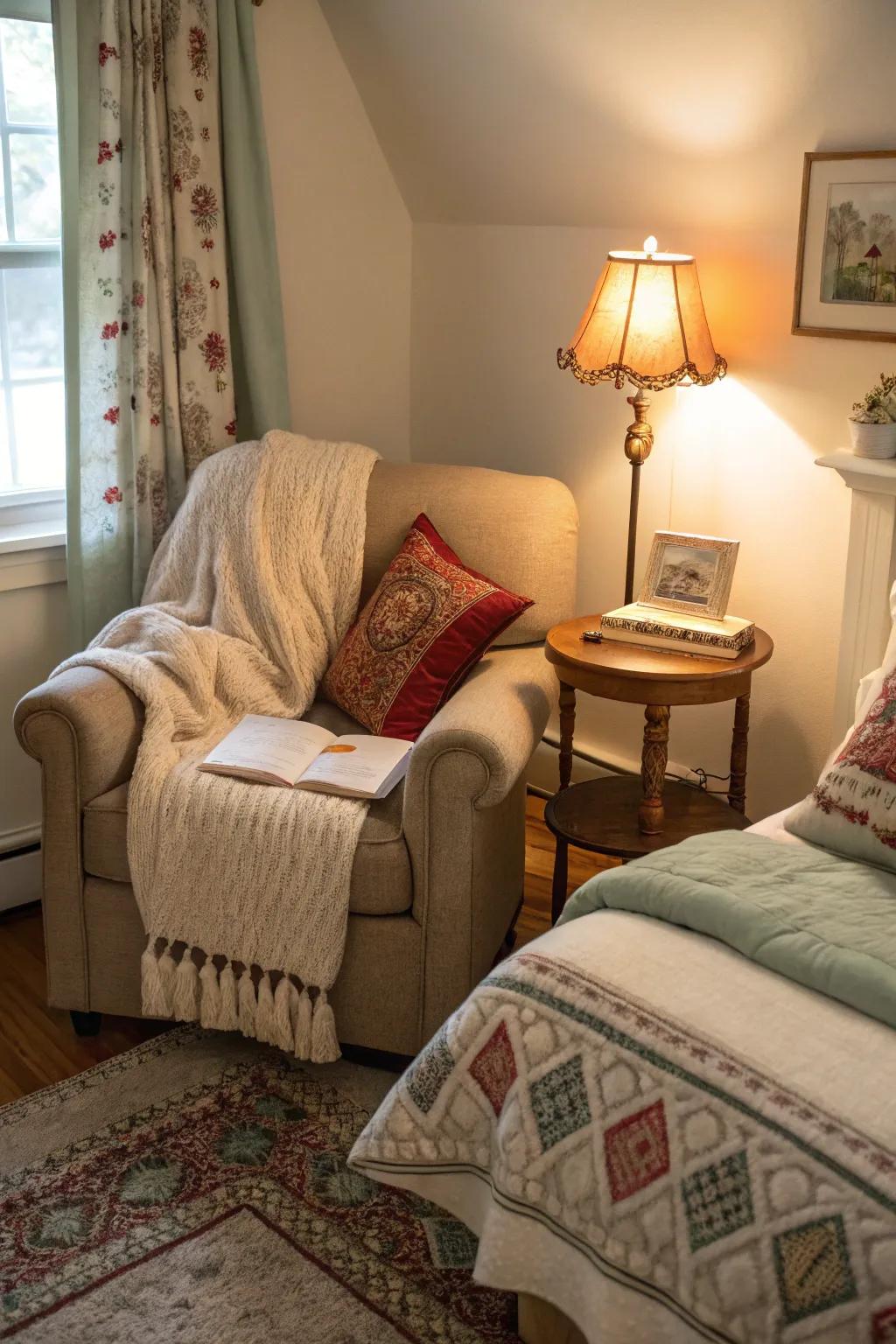 This antique bedroom is made more relaxing by a cozy corner.