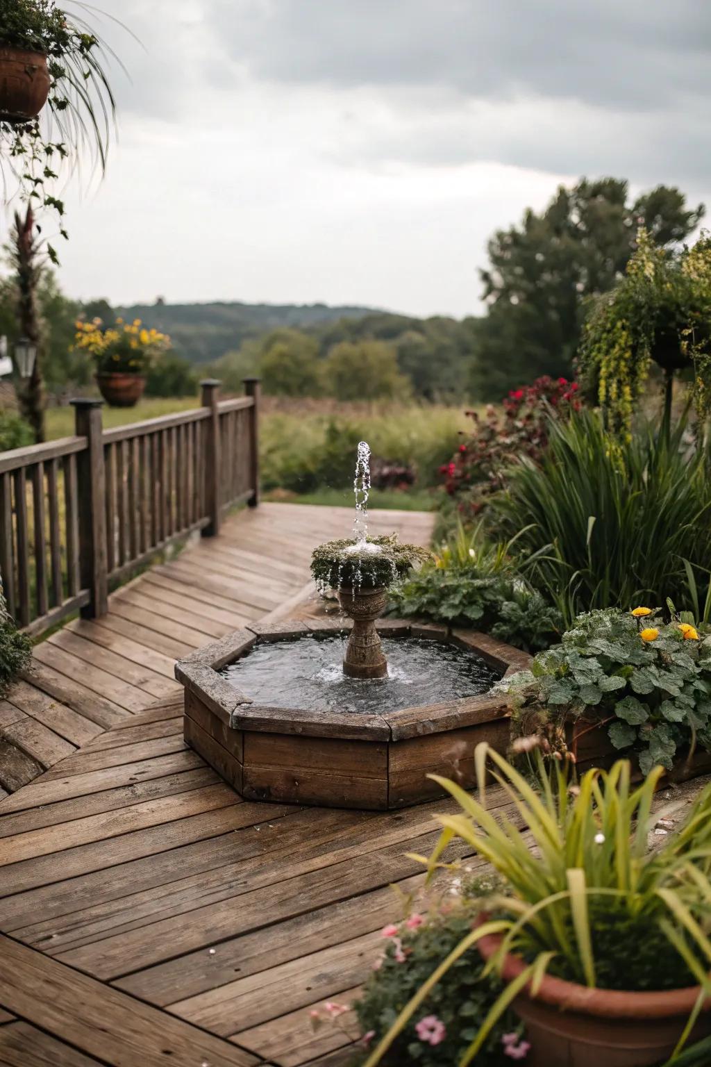 A water feature introduces tranquility and allure to this deck.