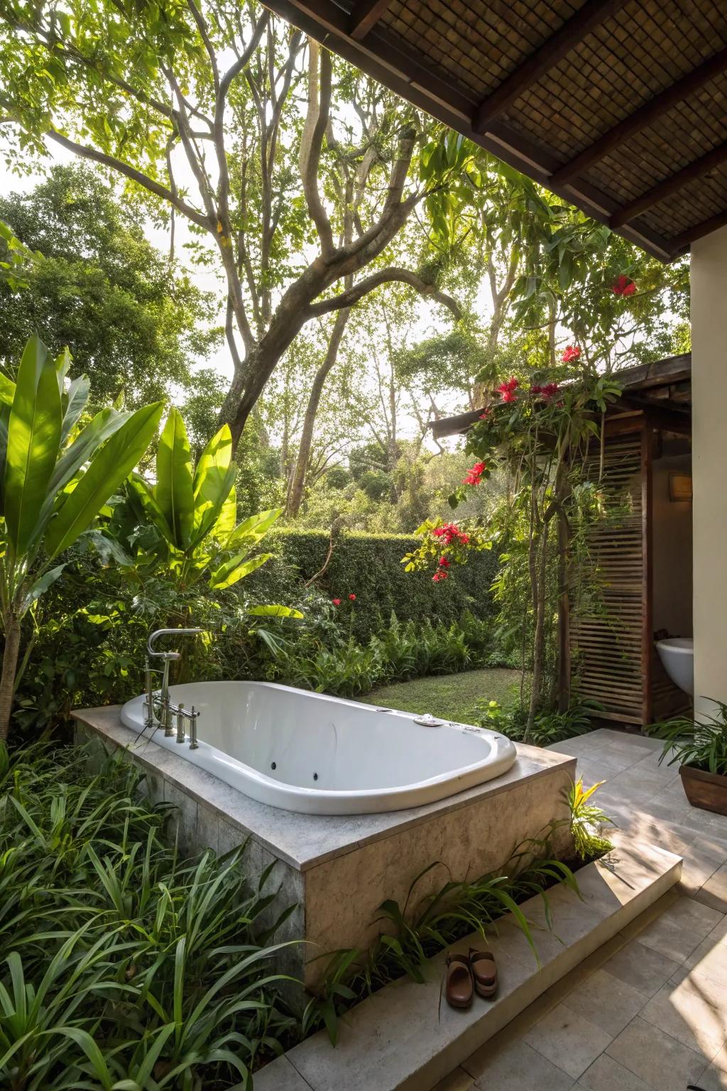 A lowered tub produces a luxurious, immersive experience.