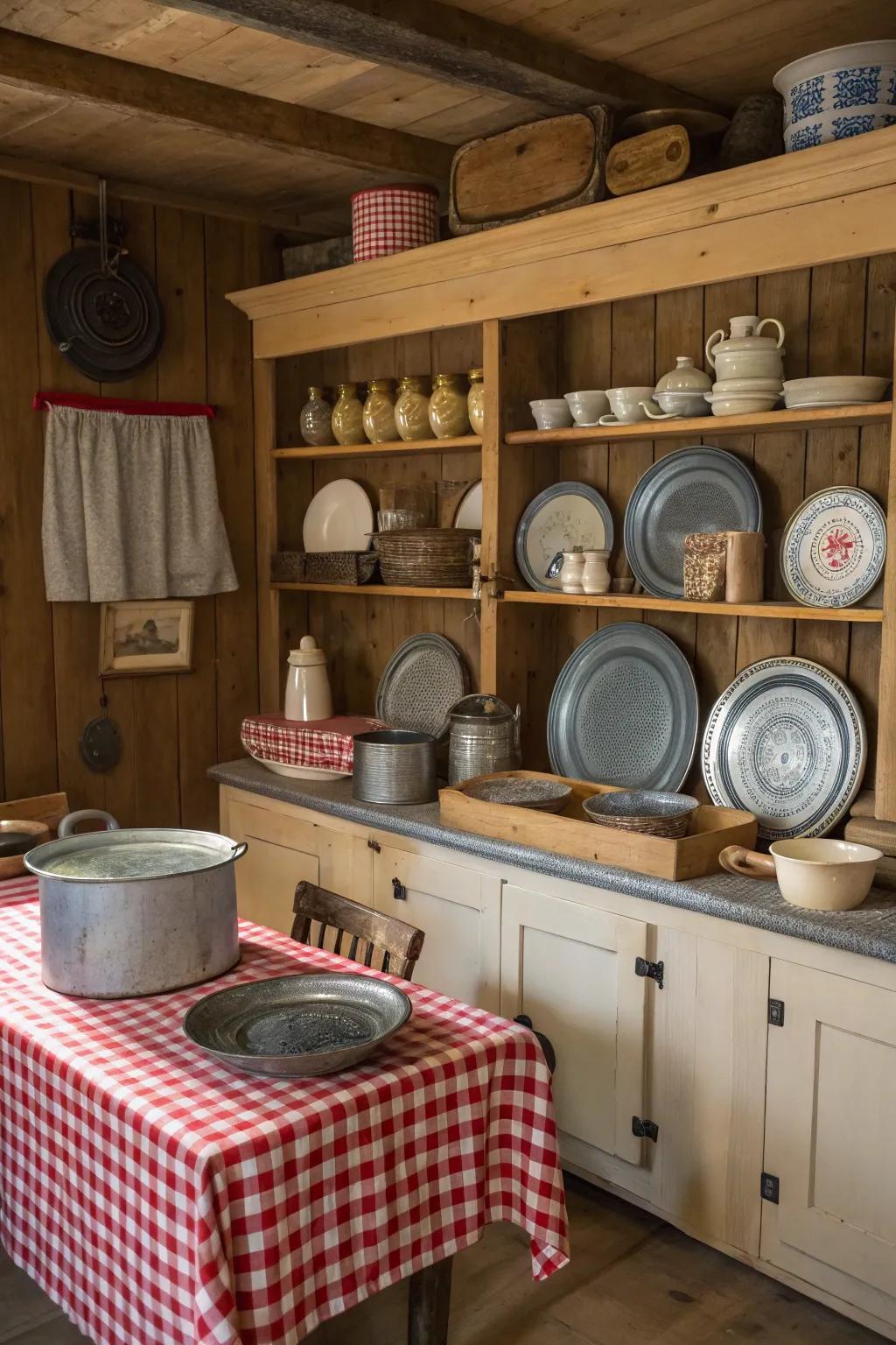 Vintage elements like enamelware add charm and utility.