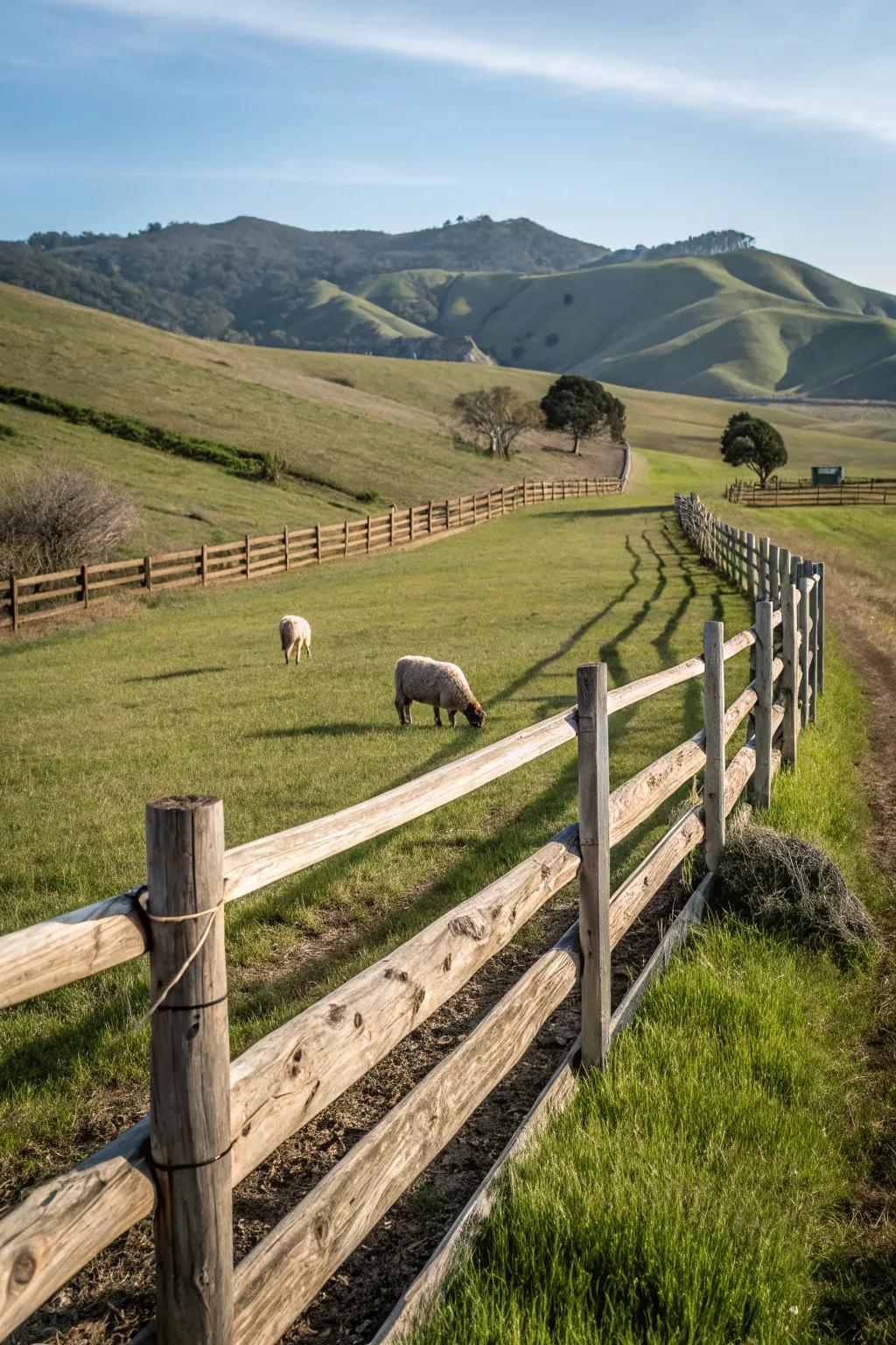 A split rail fence enclosing a small livestock area adds rural charm.