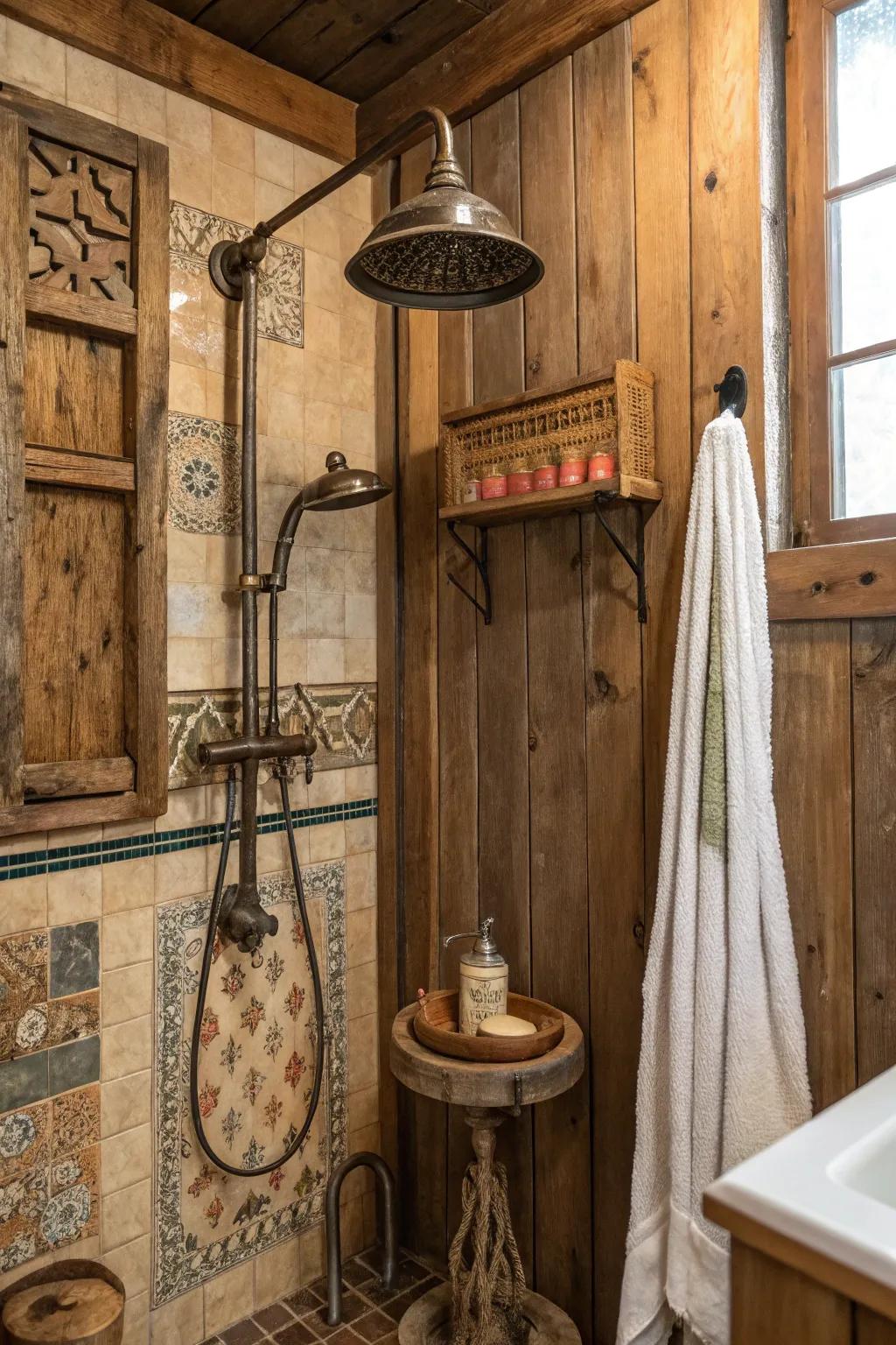 A rustic shower enhanced with vintage accessories that add a timeless charm.