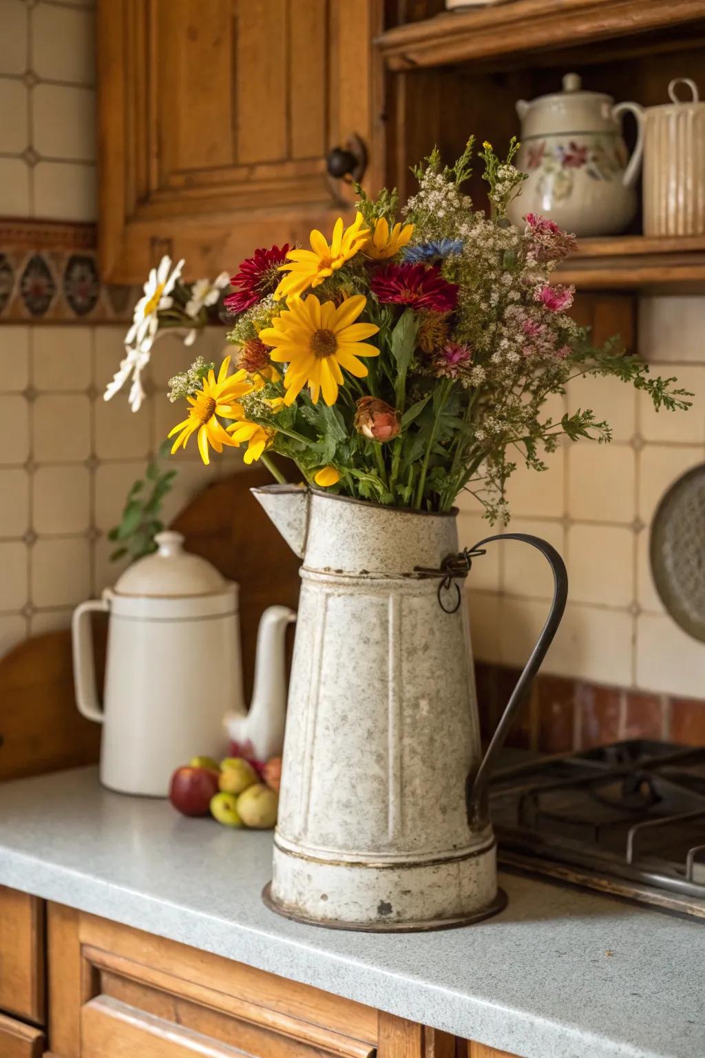 Antique coffee pots offer a uniquely attractive vase alternative.