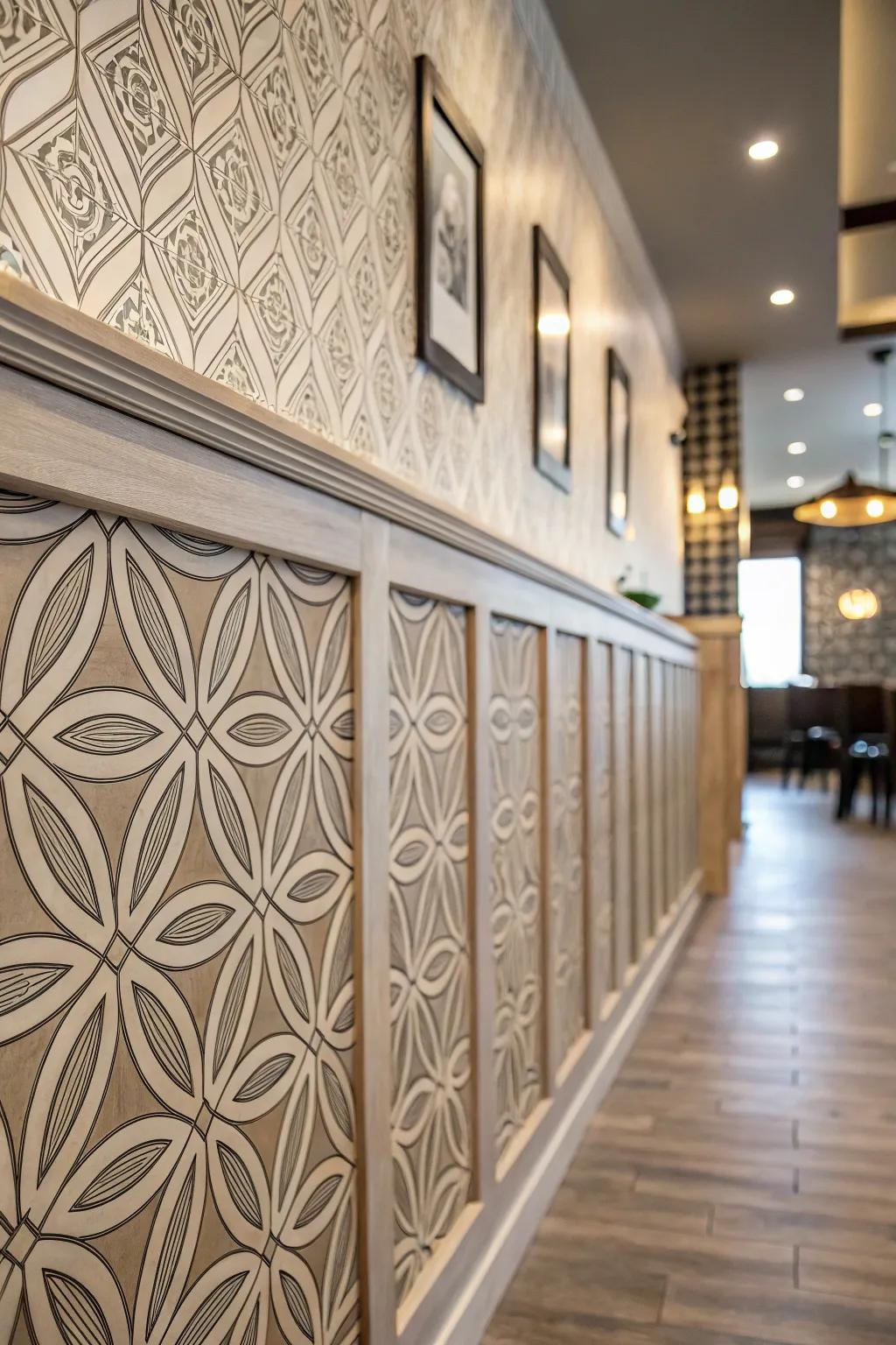 Geometric patterns in wainscoting create a modern edge.